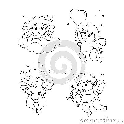 Set of cute cartoon Cupids. Illustration for a Valentine`s Day. Black and white vector illustration for coloring book Vector Illustration